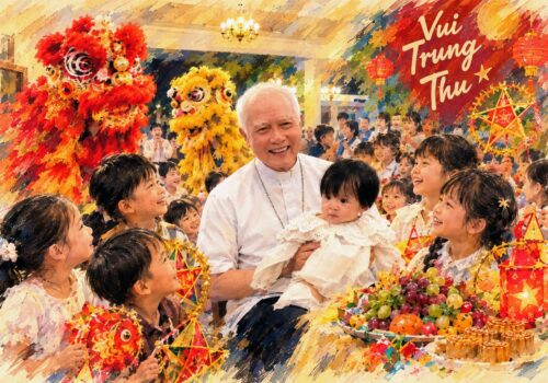 ĐỨC CHA GIUSE CÙNG CÁC BẠN NHỎ VUI TRUNG THU BÊN MẸ NÚI CÚI
